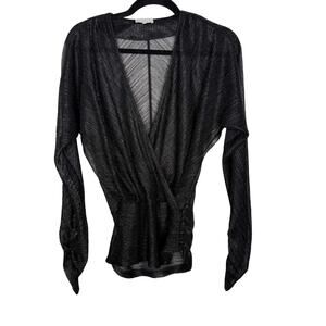 Kinly XSmall XS Black Metallic Surplice VNeck Long Sleeve Blouse Top Ruched Hem